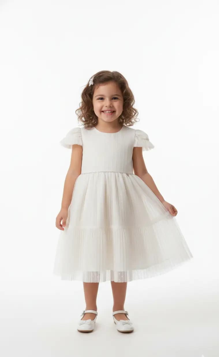 VESTIDO FESTA CATTAI  OFF WHITE EM TECIDO TULE COM POA