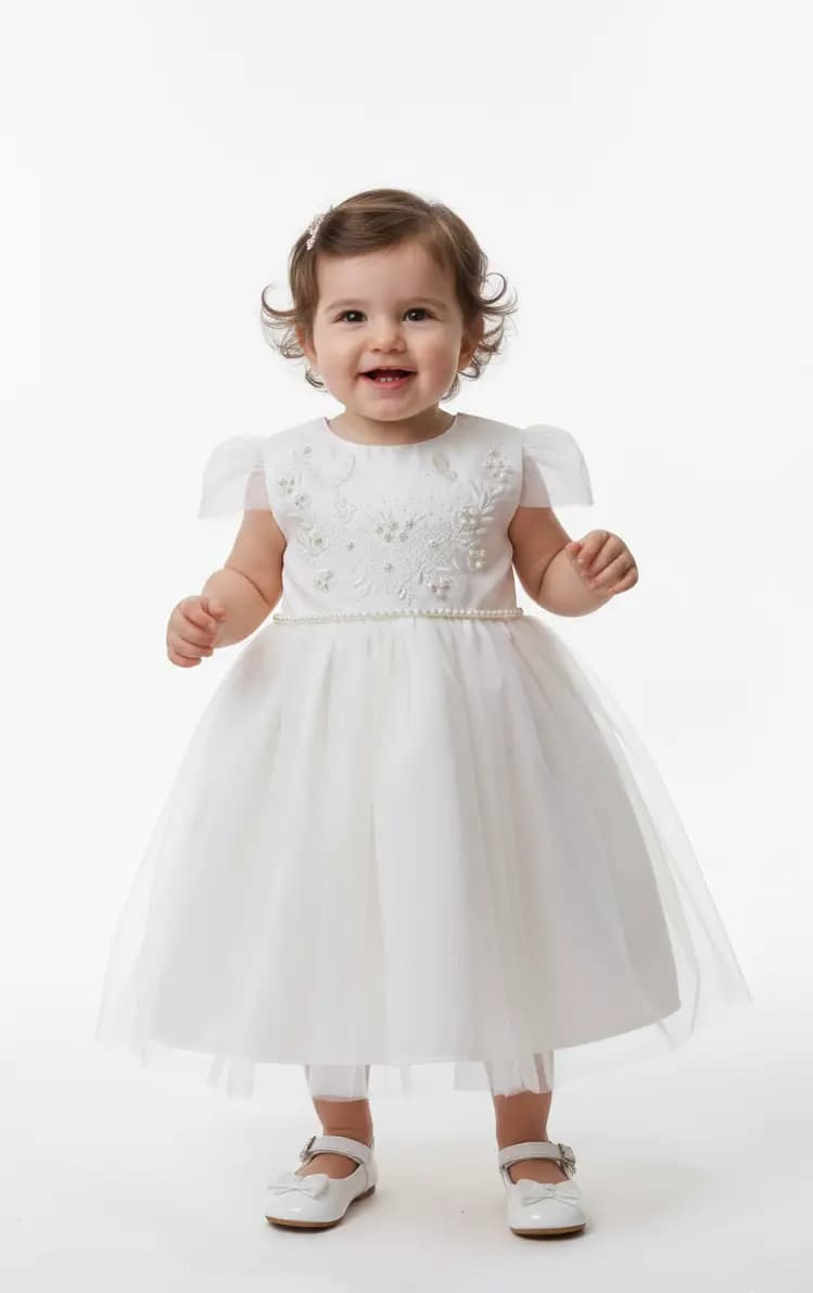 VESTIDO FESTA CATTAI OFF WHITE EM TE CIDO COM DETALHES EM TULE, BORDDADOS E PEROLAS